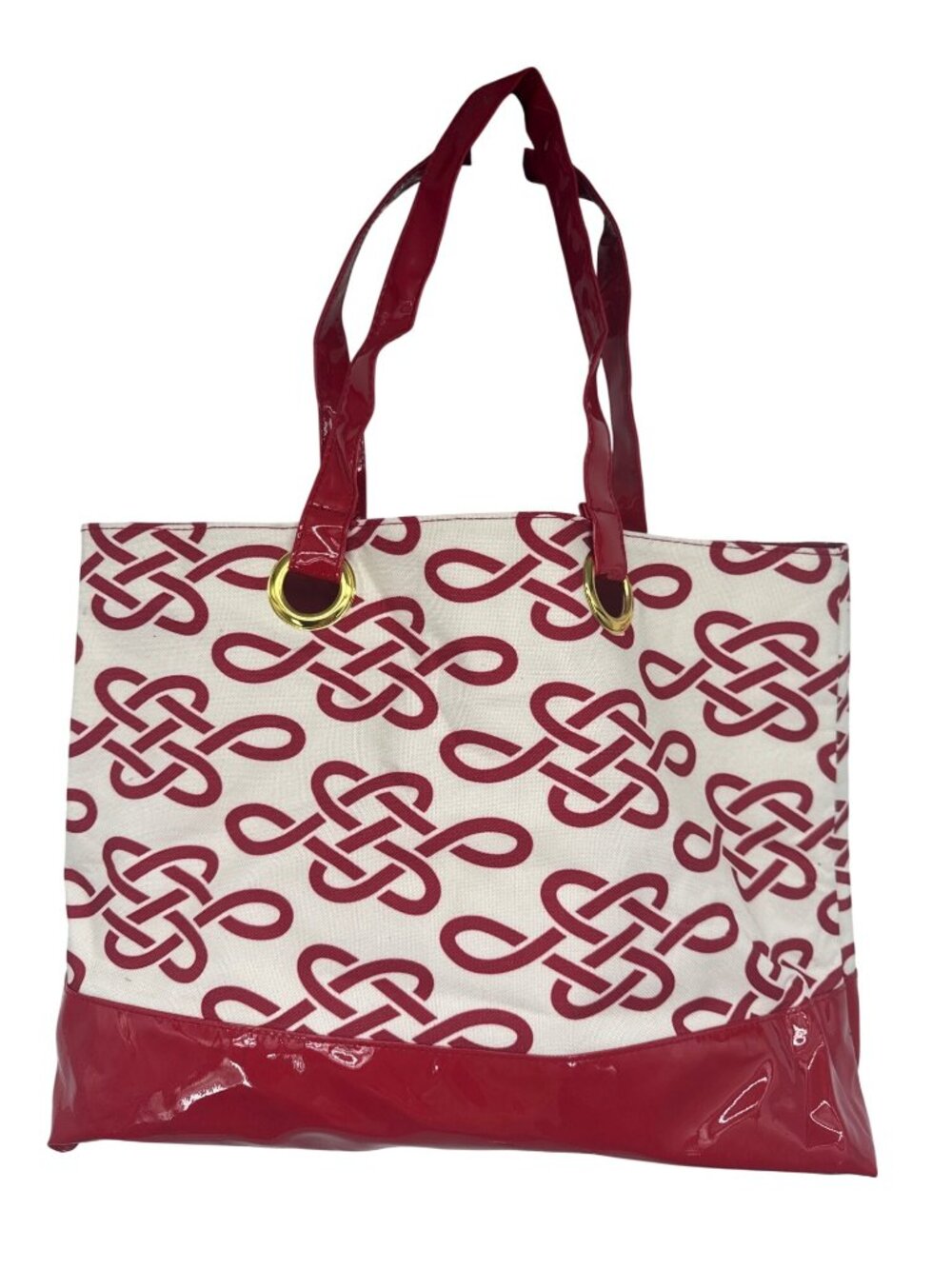 Estée Lauder Red Geometric Celtic Knot Canvas Tote Bag Patent Leather Trim Gift